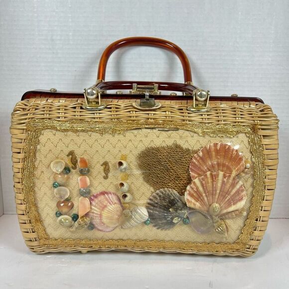 Vintage Atlas Sea Shell Tan Straw Woven Wicker PURSE Pearls Women HANDBAG BAG - Picture 5 of 13